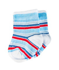 Children's  tiny striped socks, white, blue and red in the pattern. Isolated on a white background.