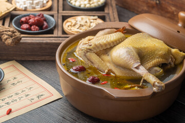 Traditional Chinese food，Stewed chicken soup with Chinese herbal medicine.