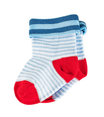 Children's  tiny striped socks, white, blue and red in the pattern. Isolated on a white background.