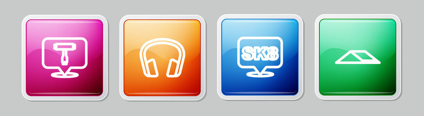 Set line Skateboard T tool, Headphones, and park. Colorful square button. Vector