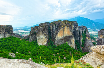 The Monastery of the Holy Trinity is on top of the cliffs. in summer day in Meteora, Greece.