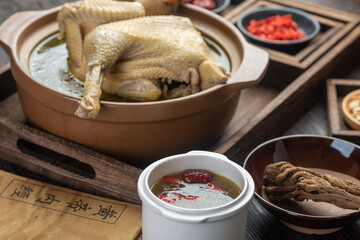 Traditional Chinese food，Stewed chicken soup with Chinese herbal medicine.