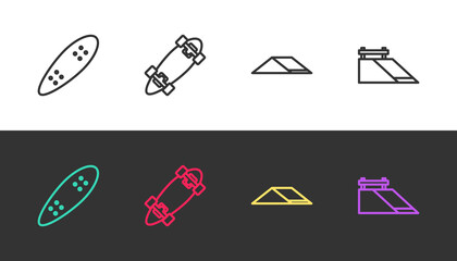 Set line Longboard or skateboard, , Skate park and on black and white. Vector © Kostiantyn