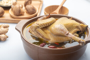 Traditional Chinese food，Stewed chicken soup with Chinese herbal medicine