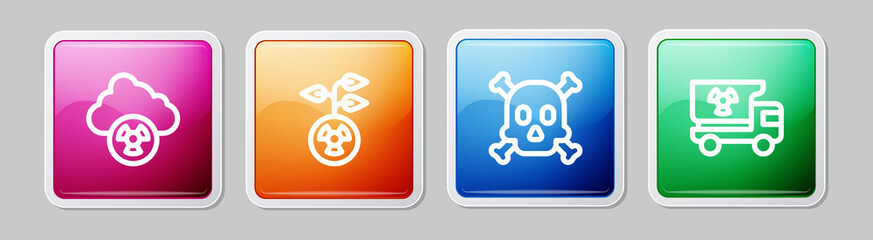 Set line Acid rain and radioactive cloud, Radioactive, Bones skull warning and Truck with radiation materials. Colorful square button. Vector