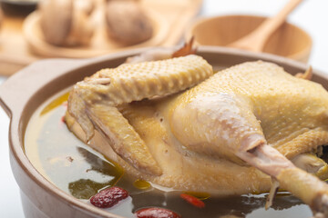 Traditional Chinese food，Stewed chicken soup with Chinese herbal medicine