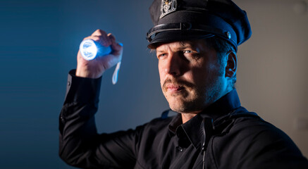 a police officer cop shines a flashlight during an investigation - obrazy, fototapety, plakaty