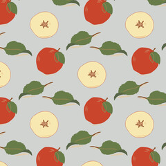 Seamless fruit pattern. Halves and a whole apple with leaves on a colored background. Design for fabric, printing, wallpaper, packaging, posters, postcards.