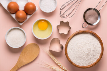 Baking or cooking background. Ingredients, kitchen items for baking.