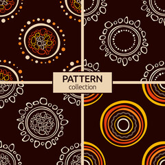 Set of four australian aboriginal seamless patterns with circles, crooked stripes, dots, isolated on brown background. Endless stylish textures. Ethnic textures. Vector color backgrounds.