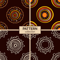 Set of four australian aboriginal seamless patterns with circles, crooked stripes, dots, isolated on brown background. Endless stylish textures. Ethnic textures. Vector color backgrounds.