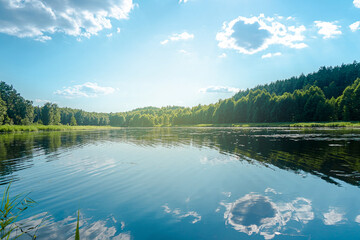 Summer lake landscape with beautiful blue sky, green forest and sunlight. Reflection of the bright sky in the lake. Summer vacation concept.