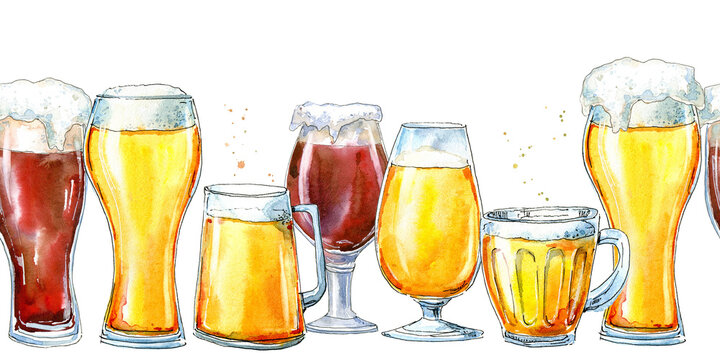 Seamless border of a dark and light beer. Painting of a alcohol drink .Watercolor hand drawn illustration.White background.	
