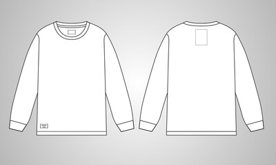 Long sleeve Round neck T-shirt overall technical fashion Drawing flat sketch template front and back view. apparel dress design vector illustration mockup tee CAD. Easy edit and customizable.