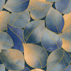 Autumn watercolor leaves seamless botanical pattern. Dark leafy textural background. Gold, blue , beige foliage illustration 