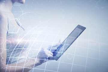 Obraz premium Double exposure of map sketch hologram and woman holding and using a mobile device.