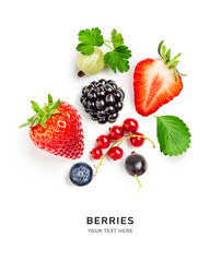 Fresh berry and fruit creative layout on white background.