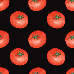 Fototapeta premium Fresh tomato endless print. Red watercolor vegetable seamless pattern on a black background. Hand-drawn tomato illustration. Harvest clipart. Fresh object wallpaper.