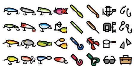 Angling and Fishing Lure Icon Set (Bold outline Color version)