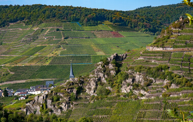 Village of Mayschoß as seen from the 'Rotweinwanderweg', the Red Wine Hiking Trail. Ahrweiler District, Rhineland-Pflaz, Germany