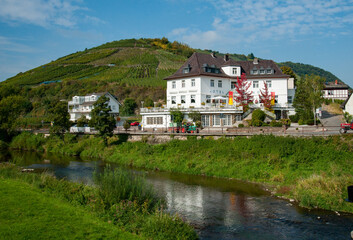 Ahr River at Rech, Germany. The Ahr is normally a small, quiet river. In July 2021 a flash flood raced through the Ahr Valley and destroyed many of the villages in the Valley.