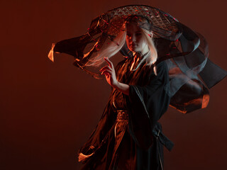stylized samurai in a fantasy style, a young woman in a silk haori,
