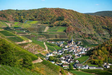 Fototapeta na wymiar Village of Mayschoß as seen from the 'Rotweinwanderweg', the Red Wine Hiking Trail. Ahrweiler District, Rhineland-Pflaz, Germany