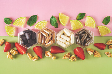 Various capsules with dietary supplements or vitamines
