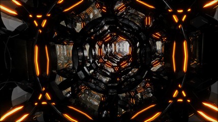 abstract futuristic digital motion background Flight through an abstract endless tube of orange-black rings.