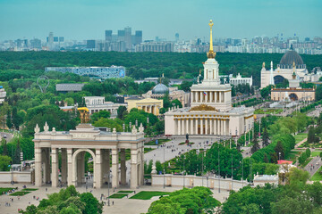 Naklejka premium View from the Cosmos hotel on the buildings of the city of Moscow. The surroundings around VDNKh and Ostankino TV Tower.