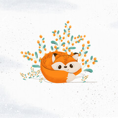 Composition of cute fox illustration. Cartoon fox perfect for your own design. Can use in textile, wrapping paper, fabric, party, print and etc.