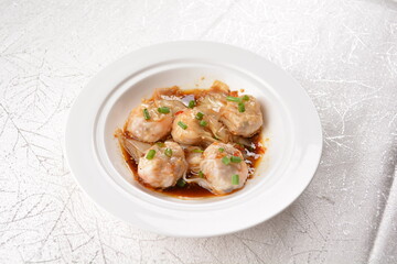 steamed fresh seafood prawn pork meat wanton dumpling ball in spicy mala chilli sauce Hong Kong dim sum menu