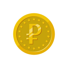 Gold coin with the ruble icon. Color vector illustration of a flat style. White isolated background.