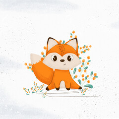 Composition of cute fox illustration. Cartoon fox perfect for your own design. Can use in textile, wrapping paper, fabric, party, print and etc.