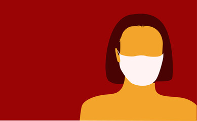 A female silhouette in a medical mask on a red background with a place for text for the design.