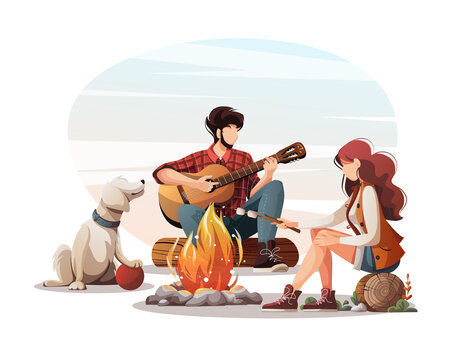 Man with guitar, woman with marshmallow and dog sitting by campfire. Summertime camping, traveling, trip, hiking, camper, nature, journey concept. Isolated vector illustration for poster, banner.