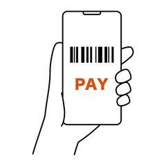 バーコード画面のスマートフォン　PAY画面　キャッシュレス決済　線画