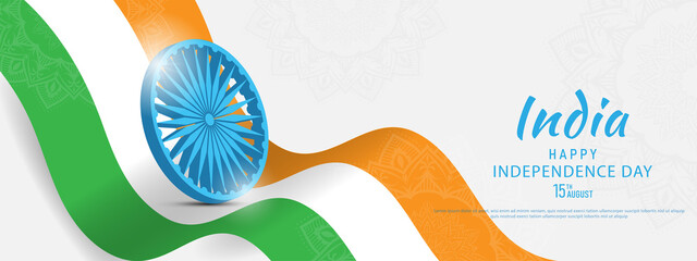 15 th August Indian Independence Day banner template design with Indian flag and Ashoka Chakra - obrazy, fototapety, plakaty