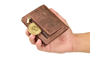 Fototapeta premium Hand Holding Bitcoin In Wallet Isolated On White Background With Clipping Path
