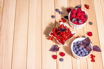 Assorted ripe berries in bowls. Fresh raspberries, blueberries, and red currants