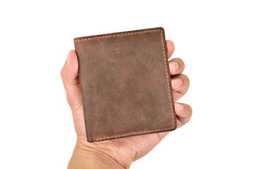 Brown Leather Wallet Isolated On White Background With Clipping Path