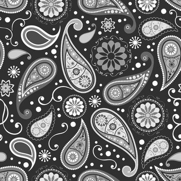 Seamless abstract pattern in Paisley style. On a black background - a colored ornament of cucumbers. Printing on textiles and paper. Vector black and white illustration.