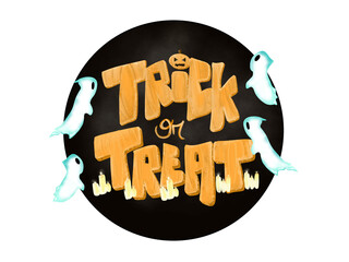 Trick or treat pumpkin for halloween with ghost and candles on black background