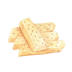 Classical shortbread cookies, painted in watercolor on white isolated background. For menu design, cafe decor, cards and tags, stickers. 