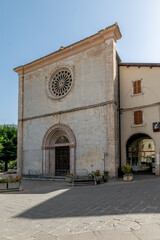 Fototapeta na wymiar The facade of the ancient Church of San Francesco in the historic center of Cascia, Italy