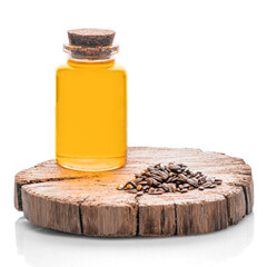 Seed oil and flax seed cut out on white background.
