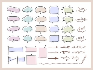 手描きの、吹き出し・矢印・フラッグ・フレーム  カラー