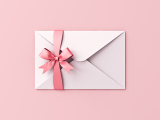 White envelope with pink ribbon bow isolated on pink pastel color background with shadow gift voucher minimal conceptual 3D rendering
