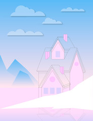 Gradient pink and blue isometric translucent sketch of a fairy house.