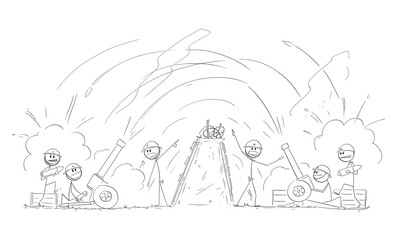 Soldiers in War Shooting Artillery to Others From Trench, Vector Cartoon Stick Figure Illustration